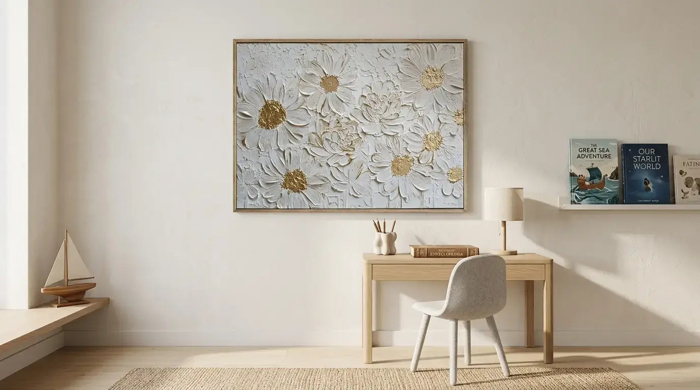 Modern interior with a desk, chair, and decorative wall art.
