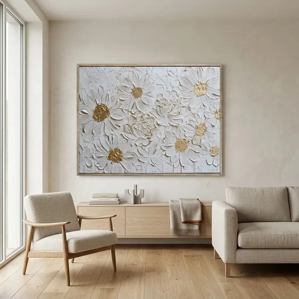 Modern living room with a large floral artwork on the wall.