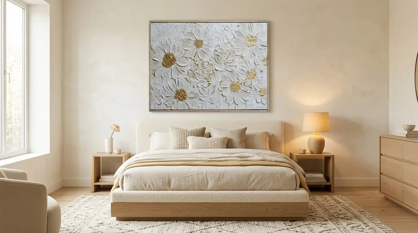 Neatly arranged bedroom with a bed, nightstands, and wall art.