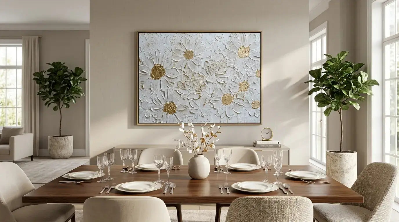 Dining room with a wooden table set for four, floral artwork on the wall, and potted plants.