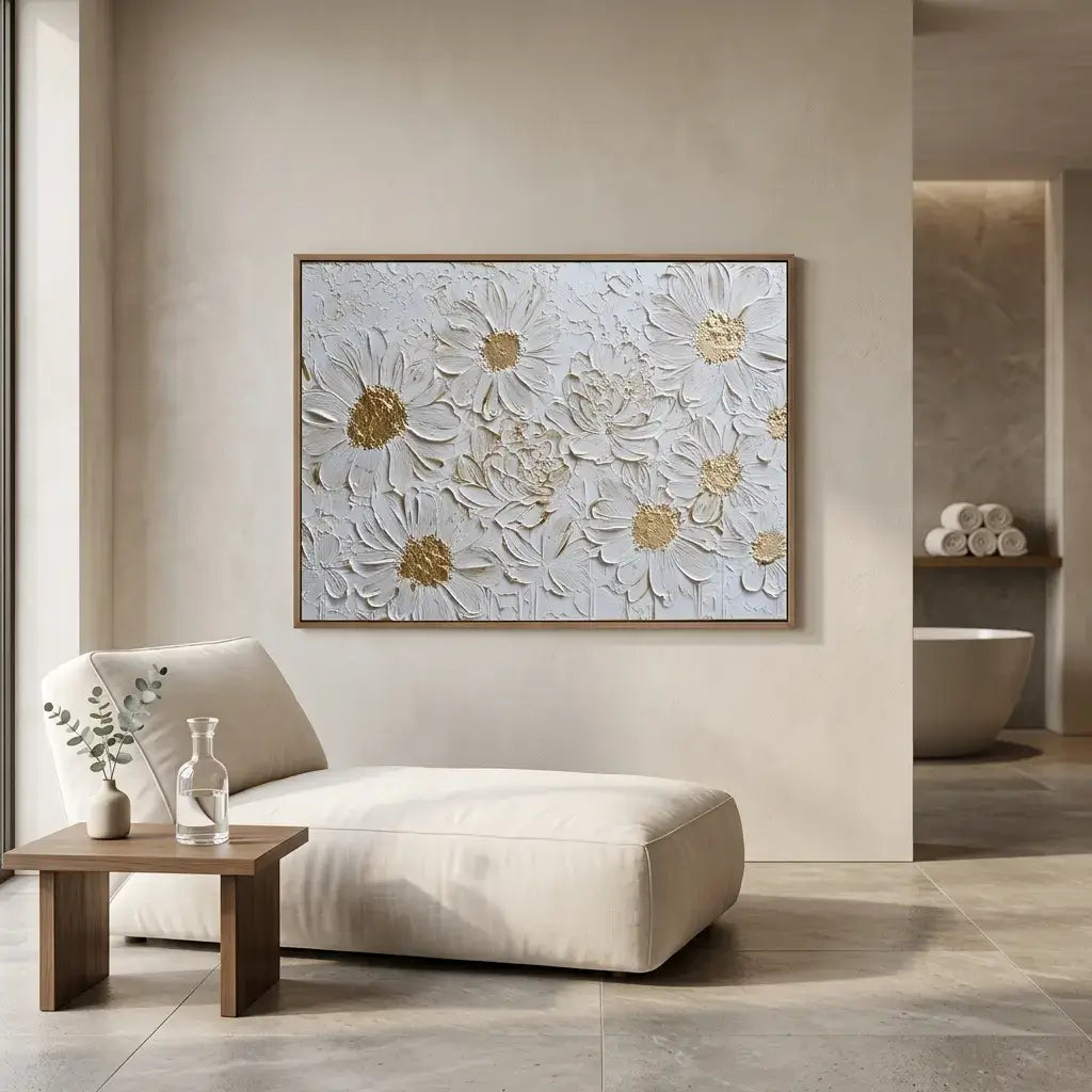 Modern living room with a white sofa, wooden side table, and floral artwork on the wall.
