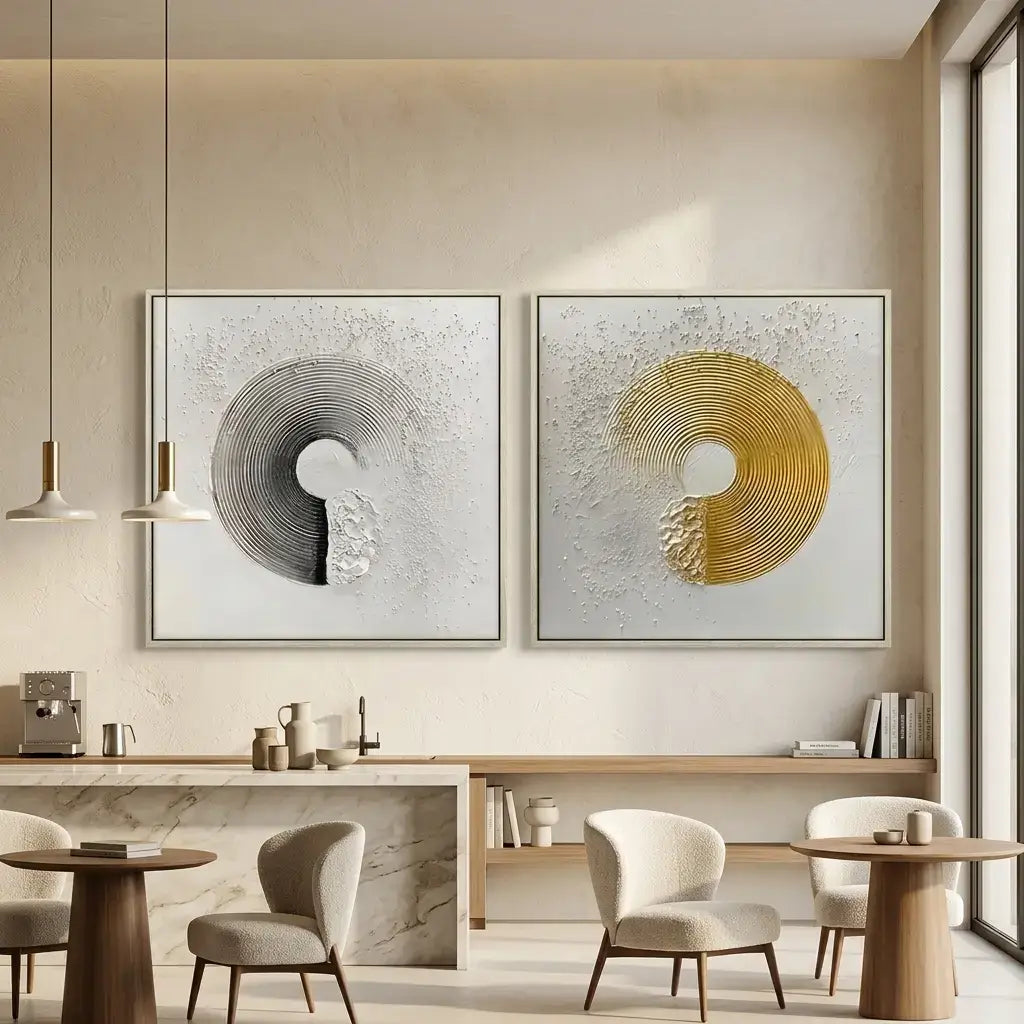 Modern interior with abstract wall art in a dining area