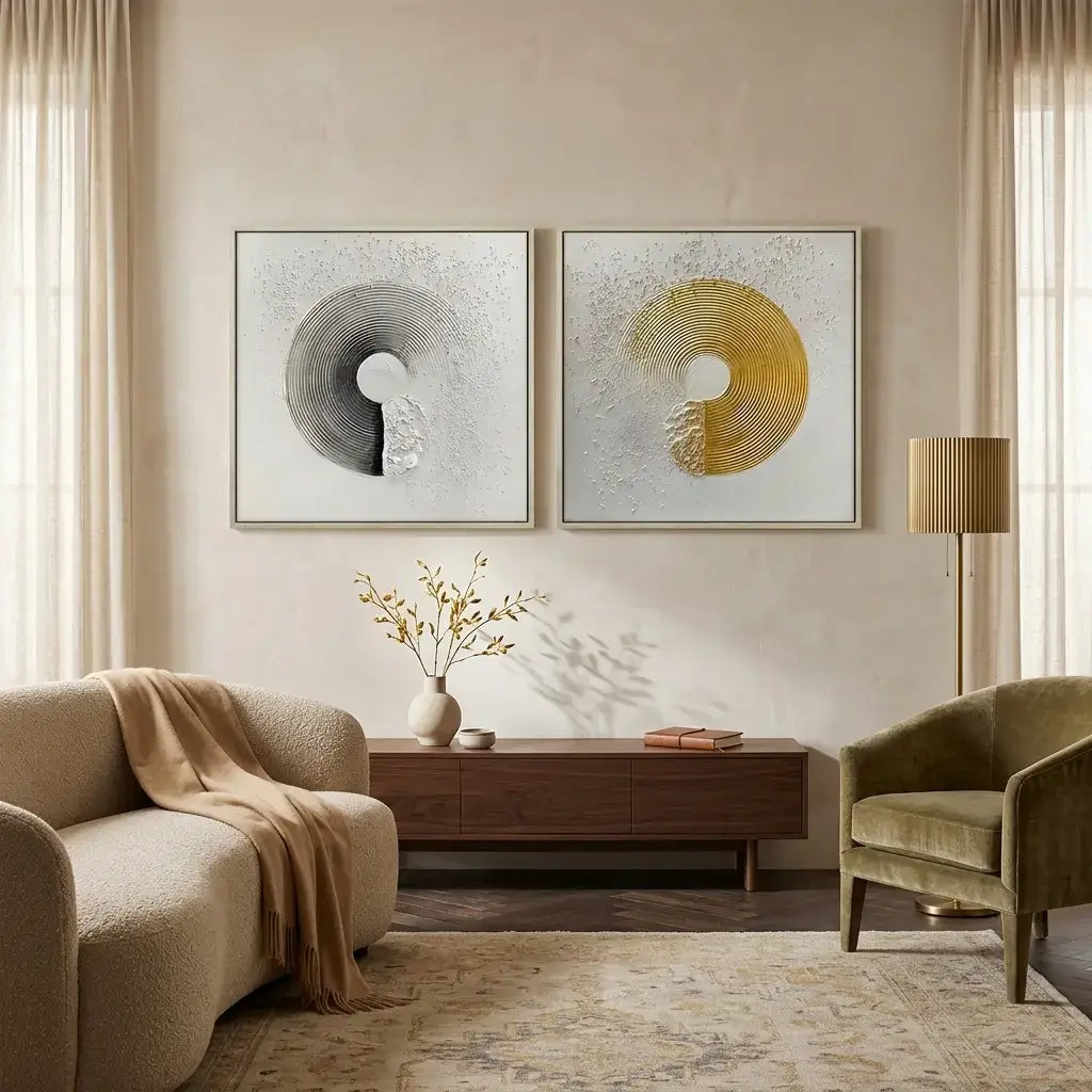 Living room with abstract wall art, a sofa, and a lamp.