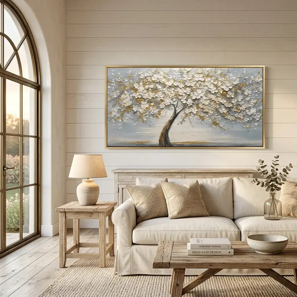 Living room with a large abstract painting of a tree, beige sofa, and wooden coffee table.