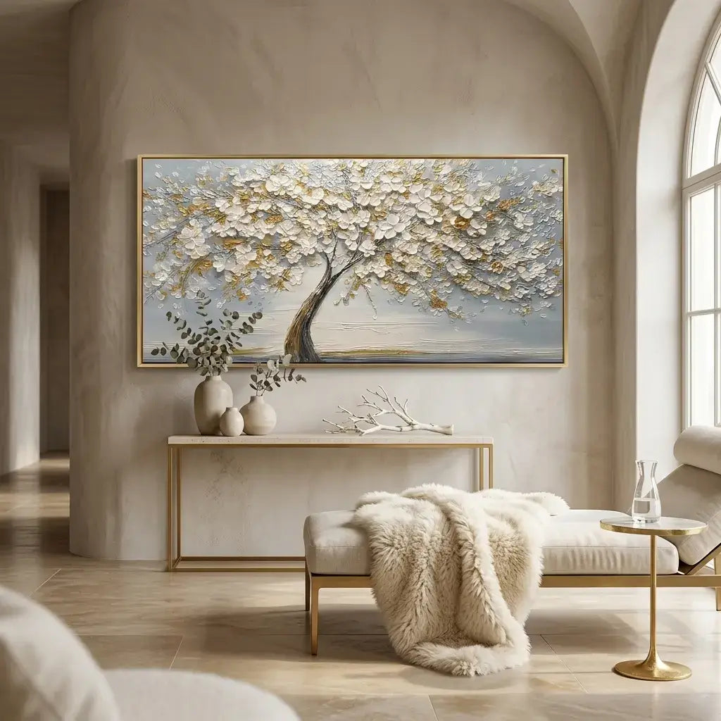 Decorative interior with a large abstract painting of a tree, vases, and a bench in a well-lit room.