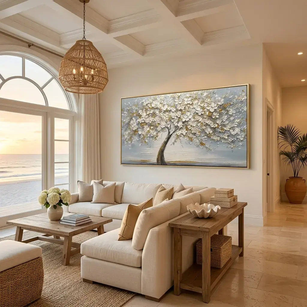 Living room with beige sofa, wooden coffee table, and large wall art of a tree with flowers.