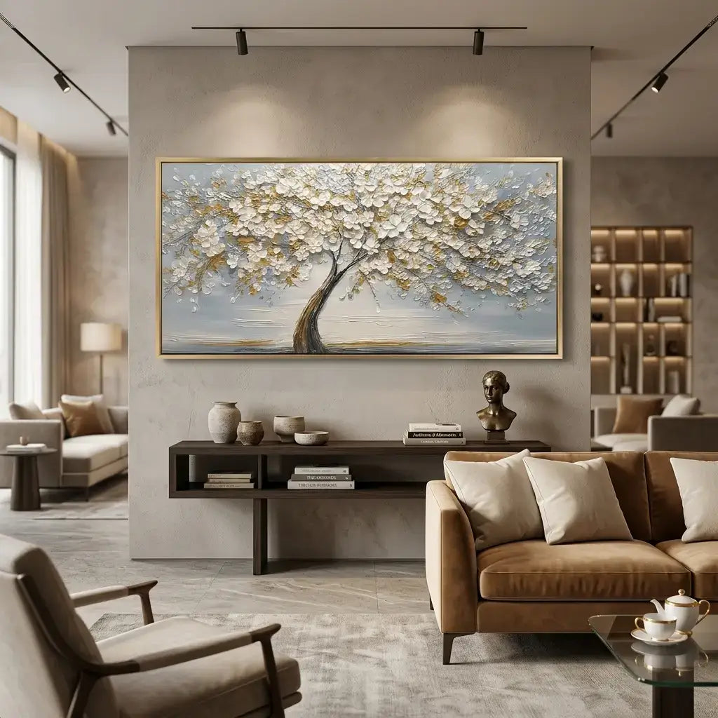 Modern living room with a large abstract painting of a tree on the wall.