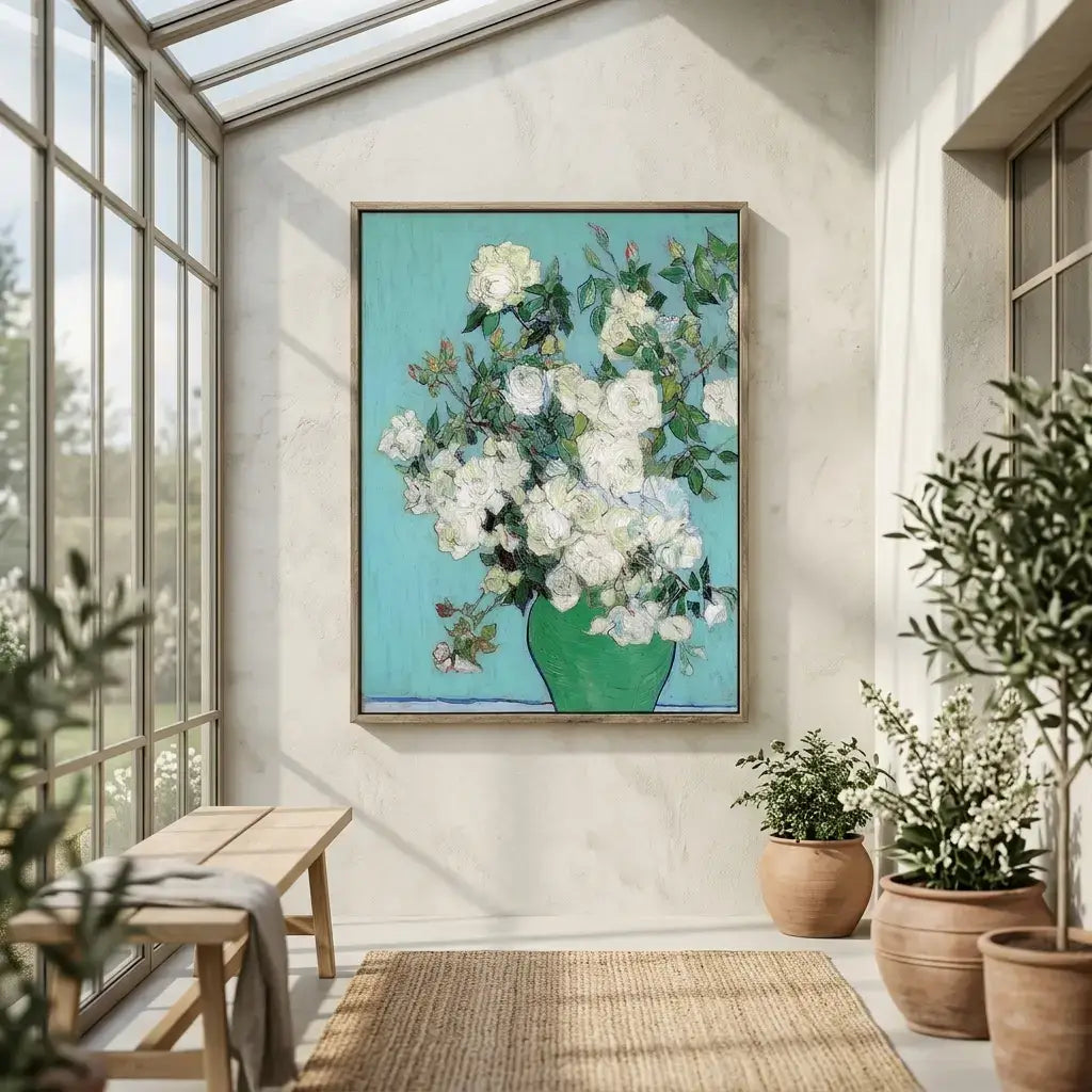 Framed artwork of white flowers in a green vase on a wall in a sunlit room with plants.