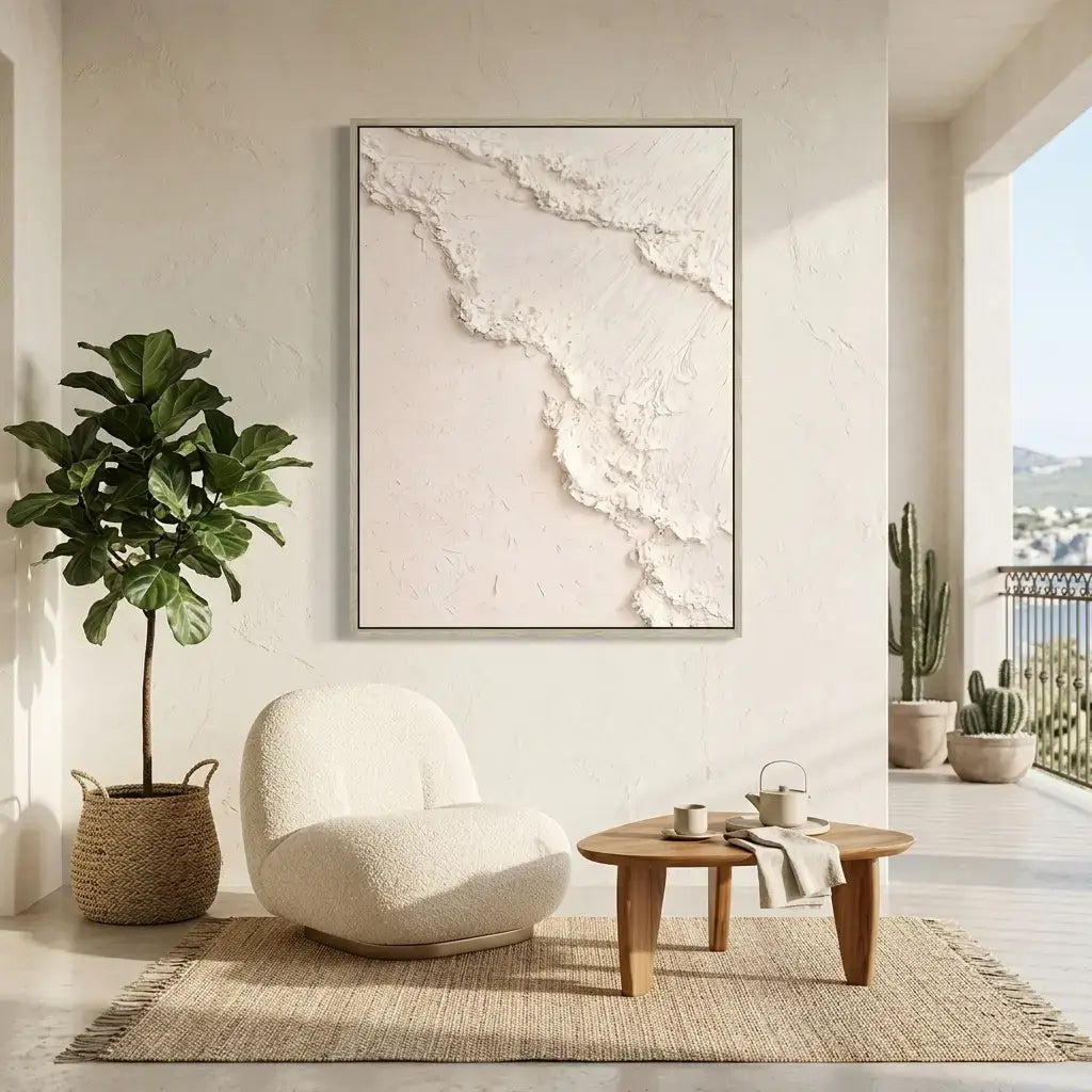 Modern living room with a white armchair, wooden coffee table, and decorative plants.