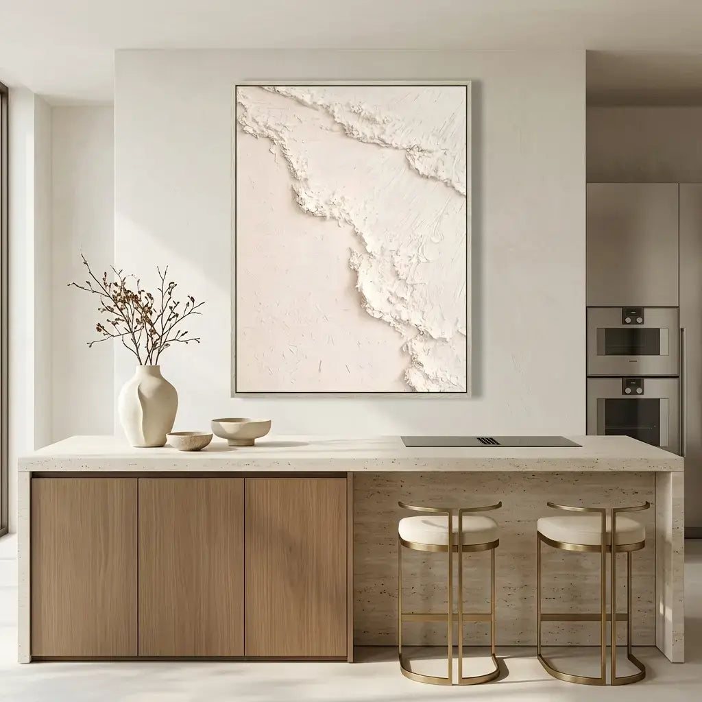 Modern kitchen interior with a marble-patterned painting on the wall, wooden cabinets, and bar stools.