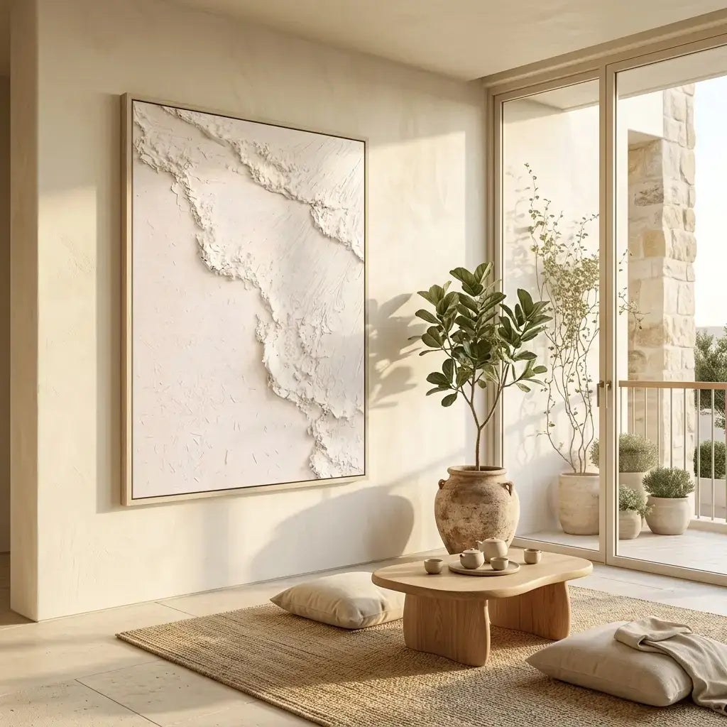 Modern living room with a large framed map on the wall, a wooden coffee table, and decorative plants.