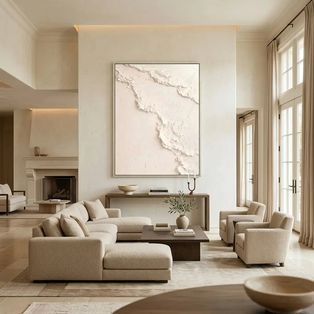 Modern living room with beige furniture and large artwork on the wall.
