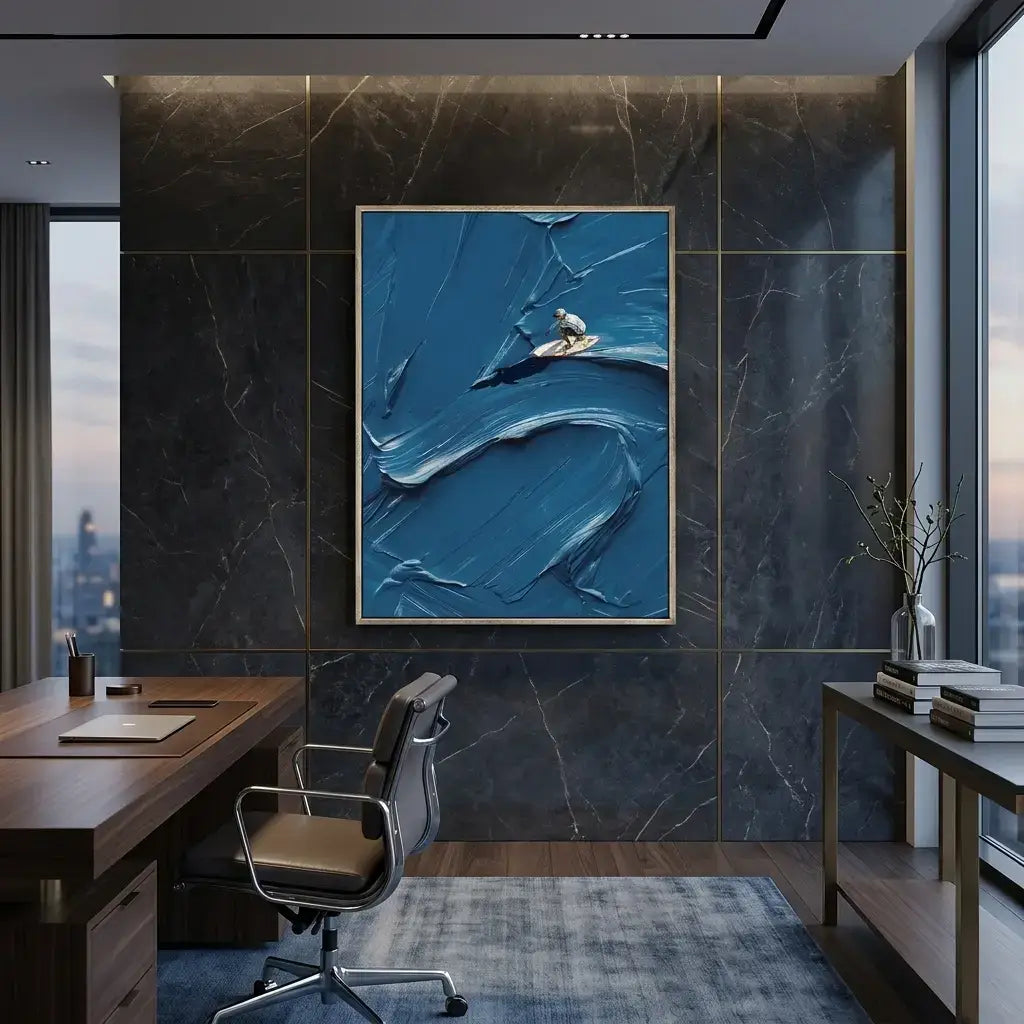 Modern office interior with a large abstract blue painting on a marble wall.