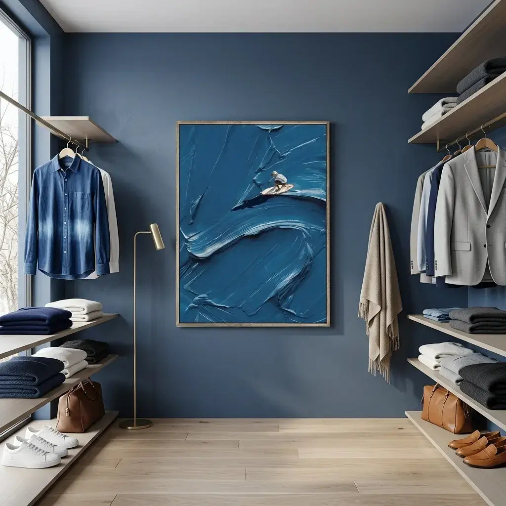 Modern walk-in closet with blue abstract art on a wall, shelves with clothing, and shoes.