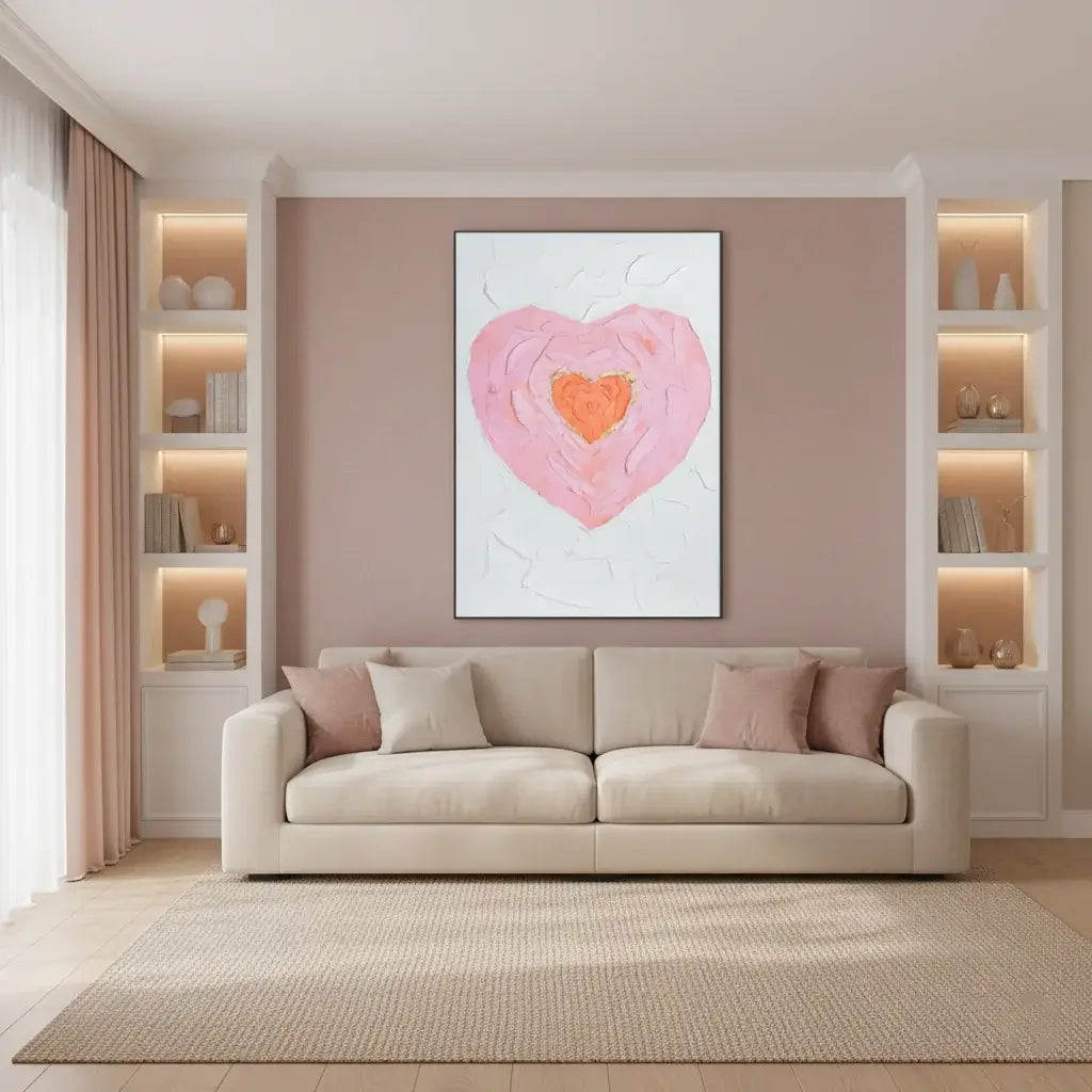 Living room with a beige sofa, pink heart artwork, and built-in shelves.