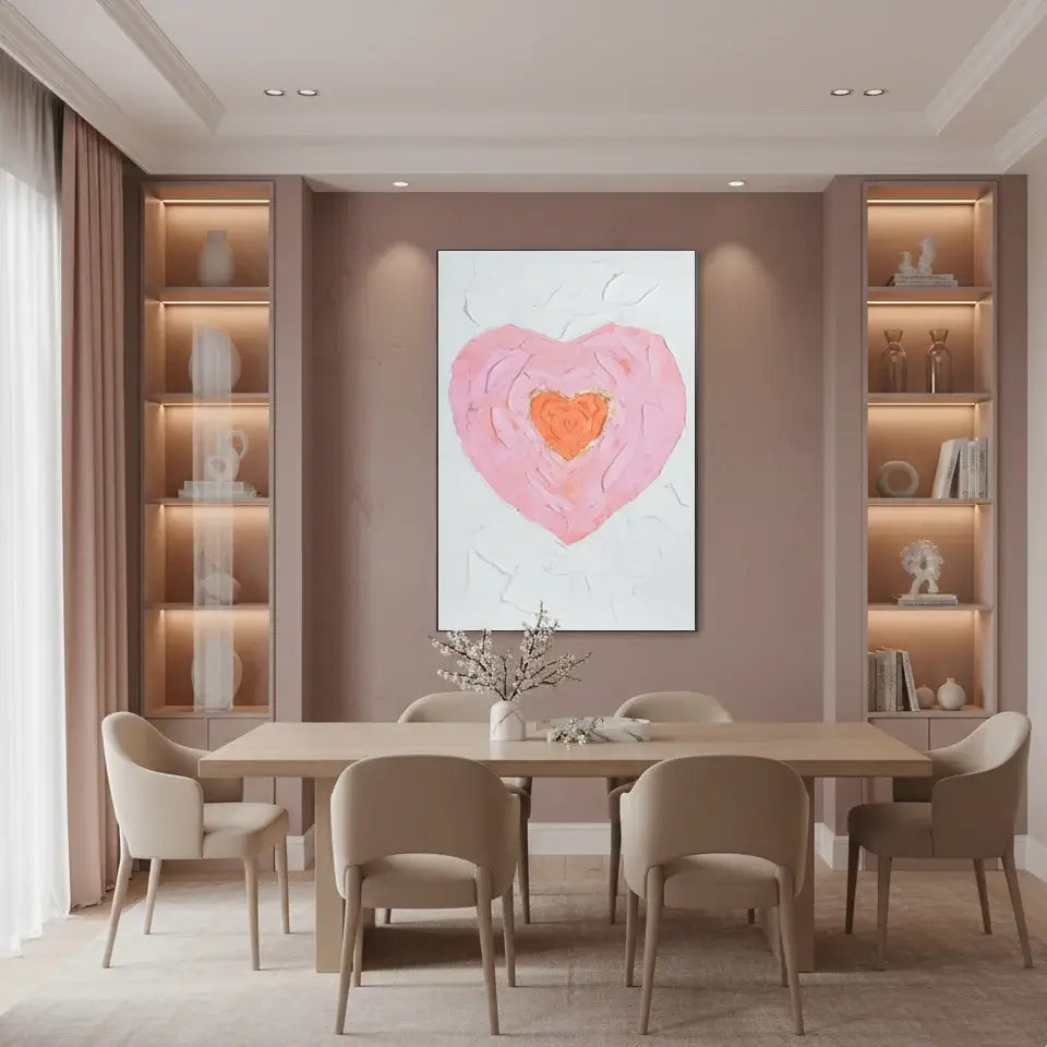 Dining room with a heart-shaped artwork on the wall, beige chairs, and wooden table.