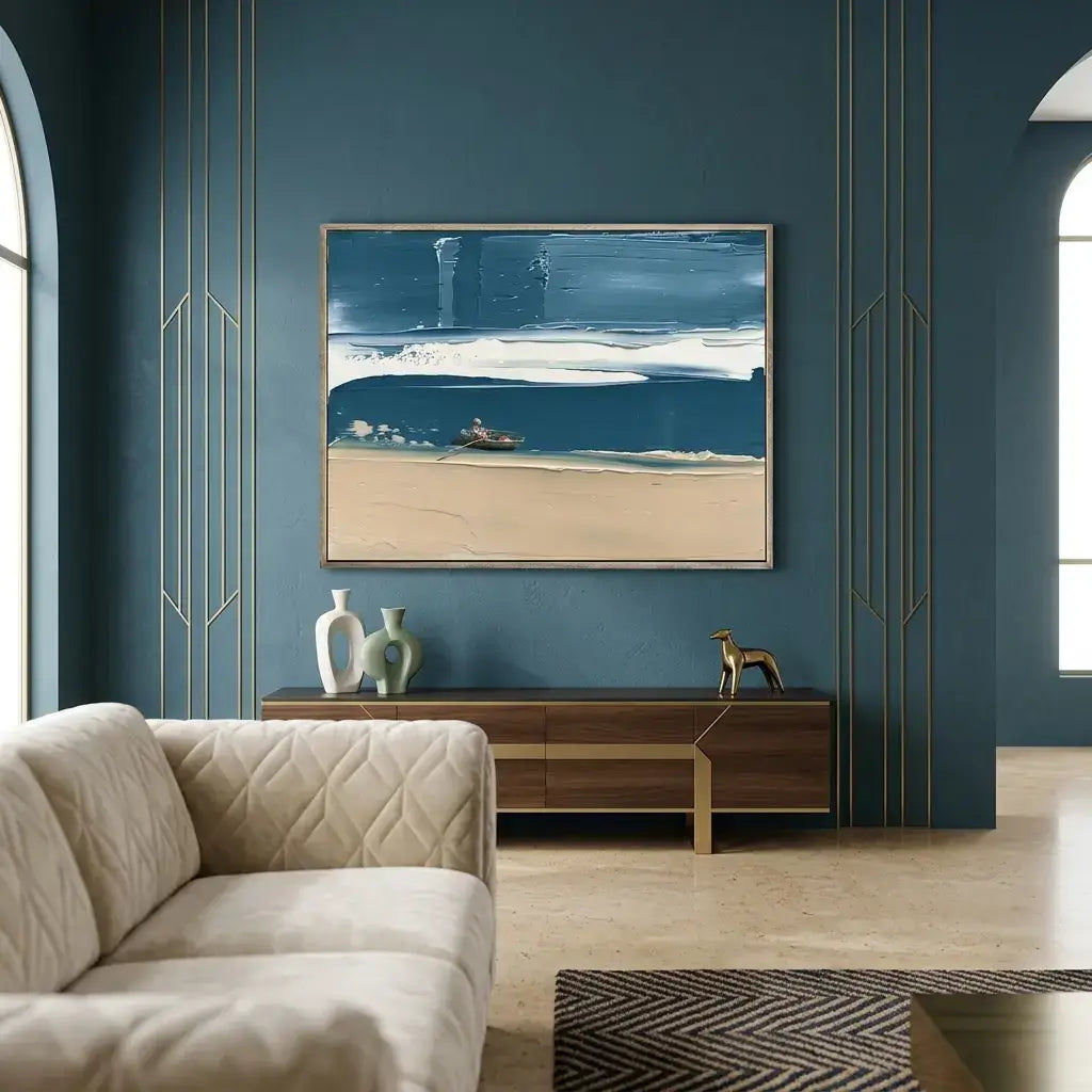 Modern living room with a blue wall, beige sofa, and abstract painting.