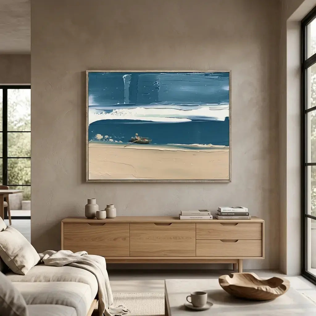 Modern living room with a large abstract painting of a beach scene on the wall.