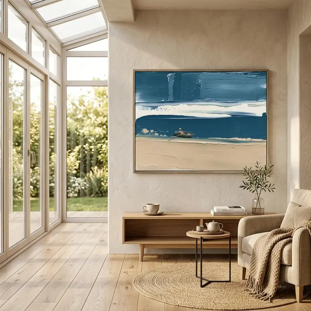 Modern living room with a large abstract painting, wooden coffee table, and armchair.