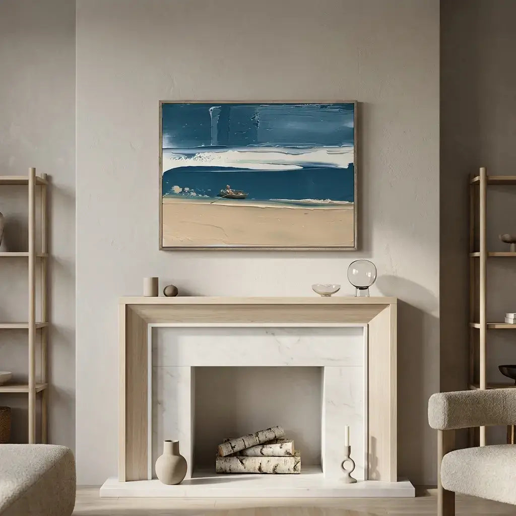 Modern living room with a fireplace, shelves, and a painting of a beach scene.