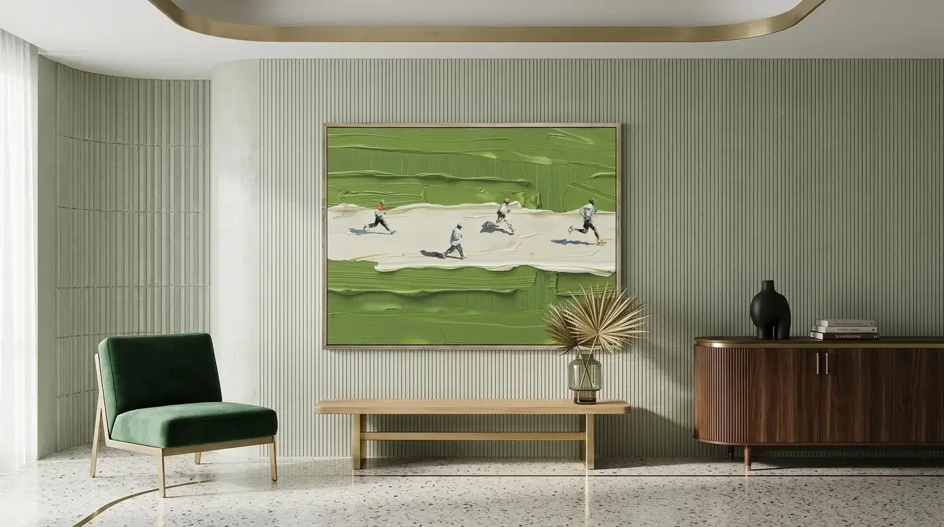 Modern living room with a green painting, chair, coffee table, and sideboard.