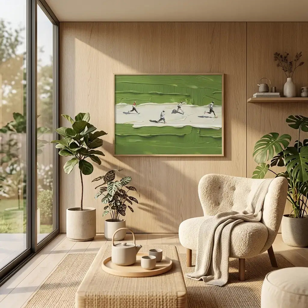 Modern living room with a painting of a golf course, armchair, and plants.