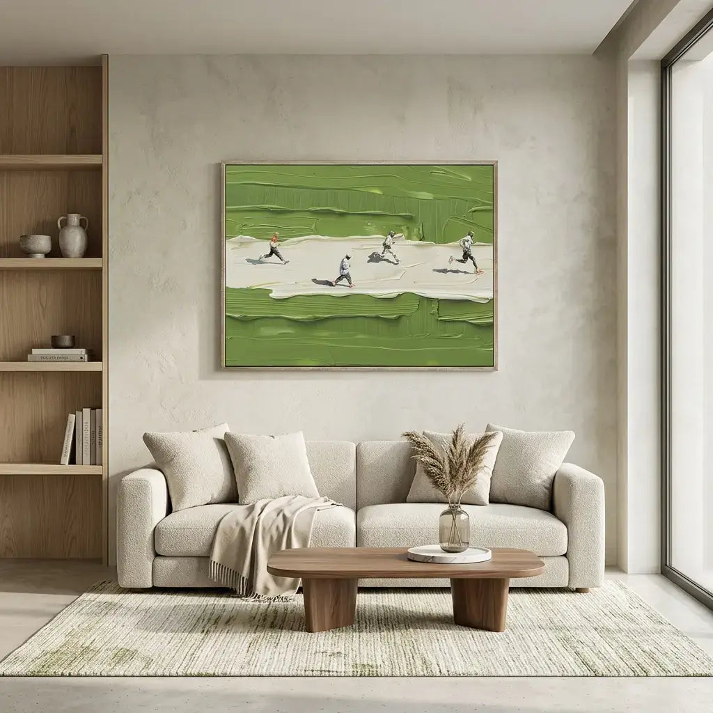 Modern living room with a beige sofa, wooden coffee table, and a painting of skiers on a green slope.