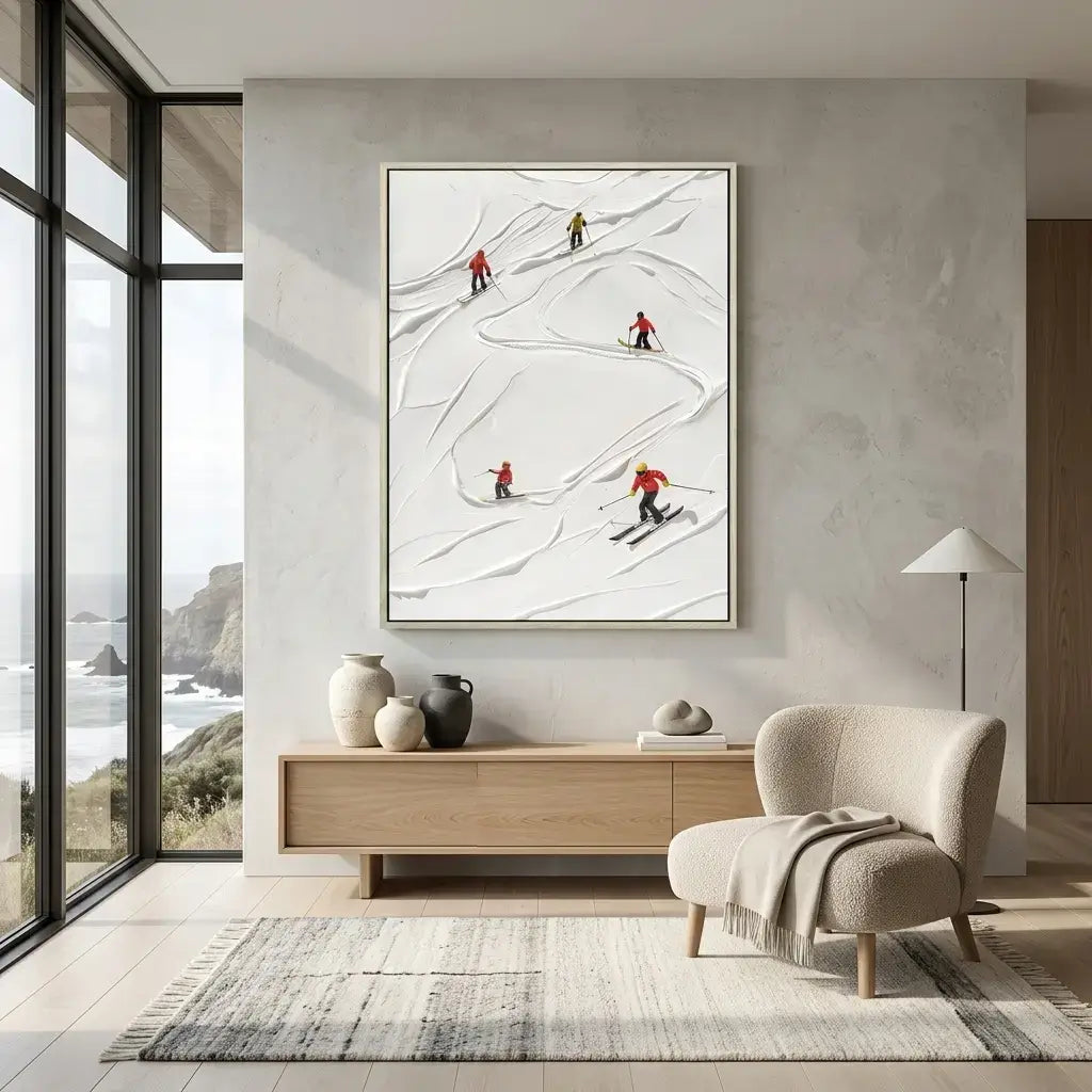 Modern living room with a framed artwork of skiers on a mountain, a wooden console table, and a chair.