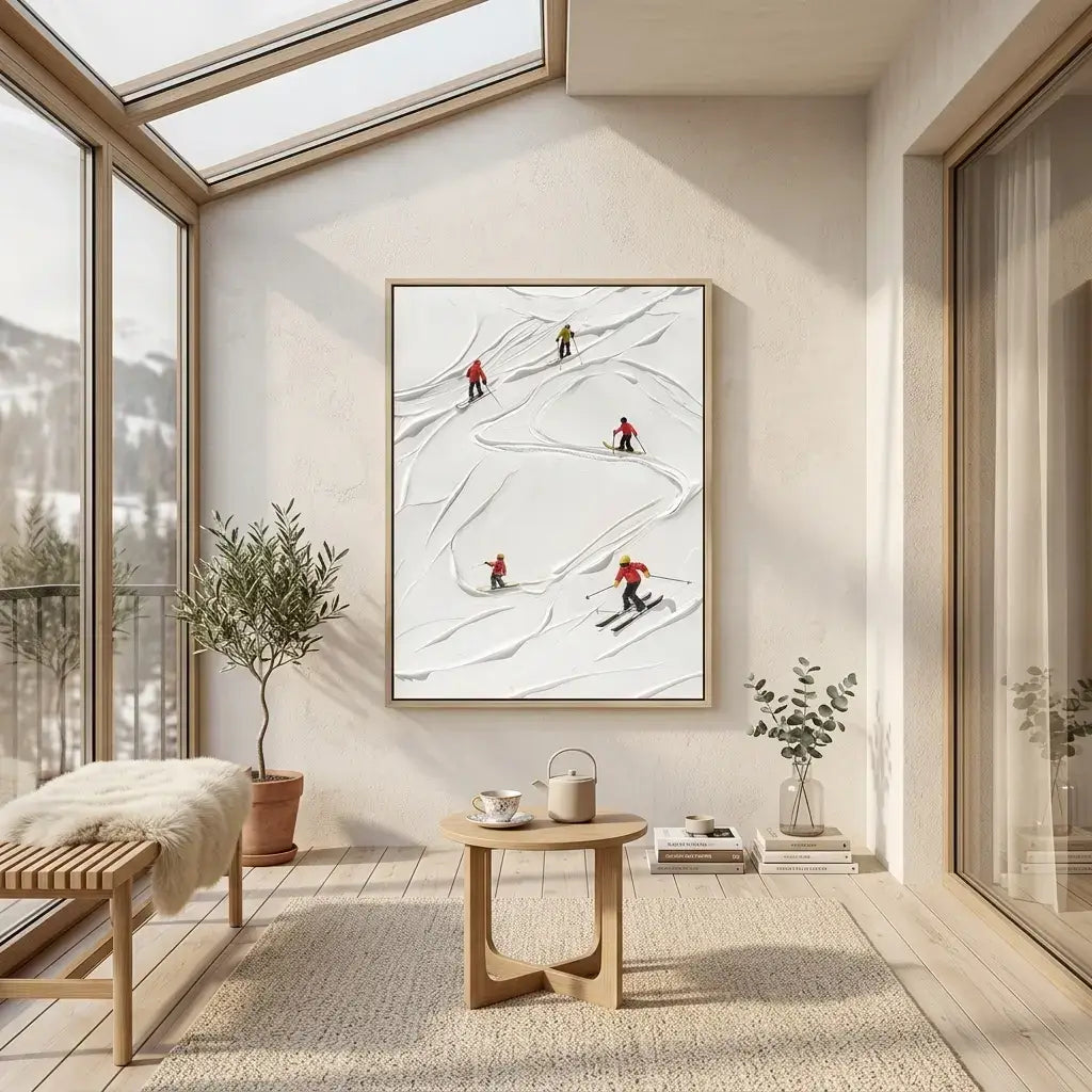 Modern interior with a skiers artwork on the wall, plants, and wooden furniture.
