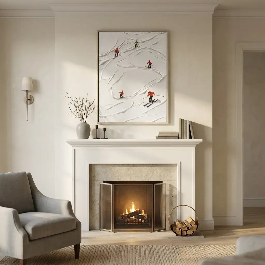 Living room with a fireplace, armchair, and wall art of skiers.