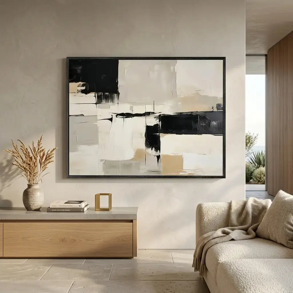 Modern living room with abstract art on the wall, wooden cabinet, and sofa.