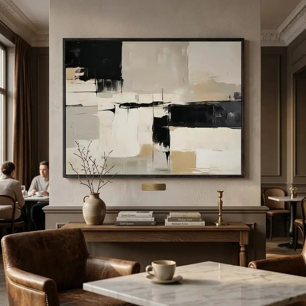 Modern interior with abstract art, furniture, and decor elements.