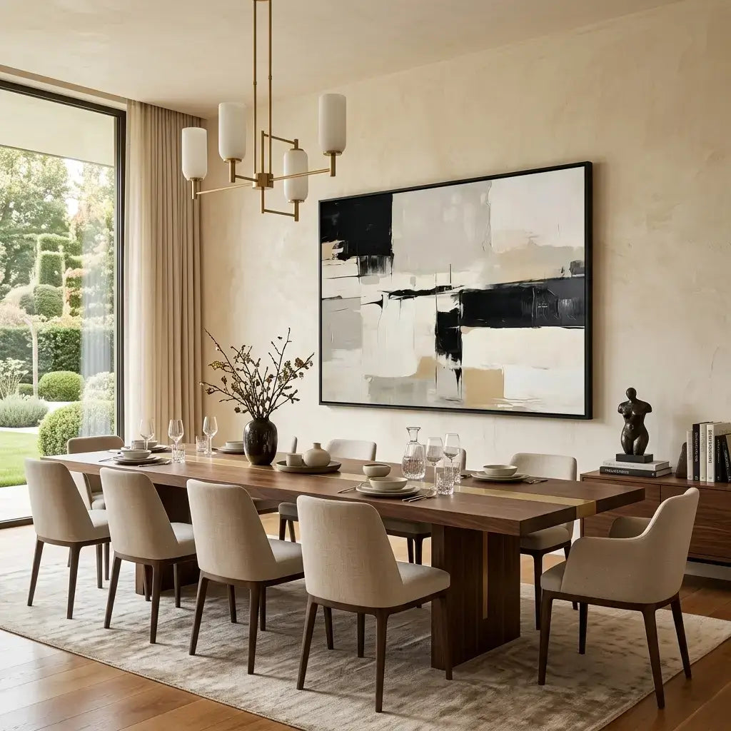 Modern dining room with wooden table, chairs, abstract art, and decor.