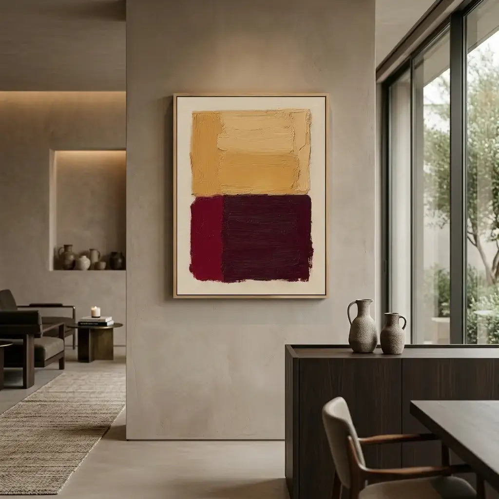 Modern interior with abstract art on a wall, furniture, and large windows.