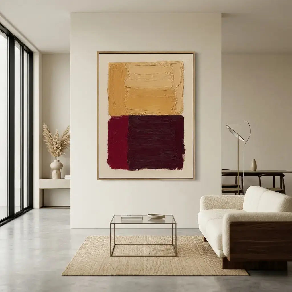 Modern living room with abstract art on the wall, sofa, and coffee table.