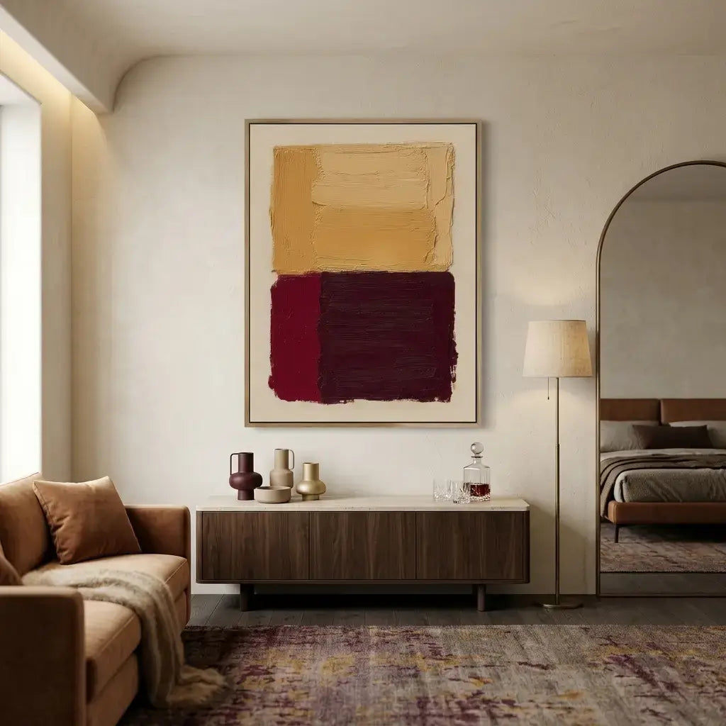 Modern living room with abstract art, sofa, and side table.