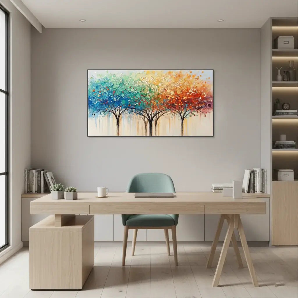 Modern home office with a colorful abstract painting on the wall.