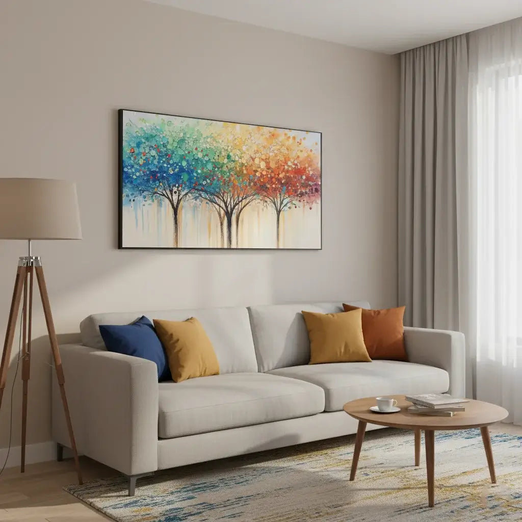 Living room with a beige sofa, colorful painting, and decorative pillows.