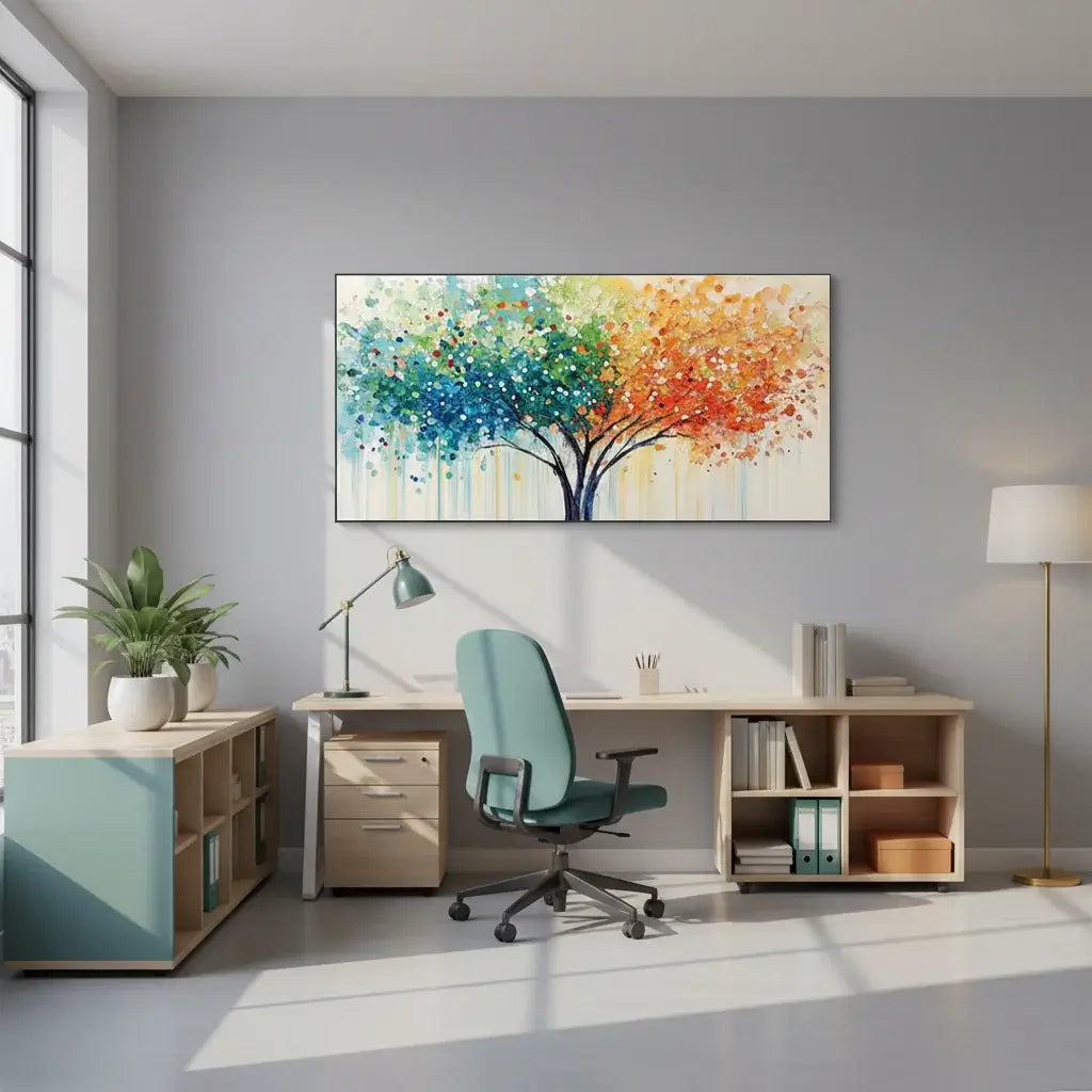 Modern office space with a desk, chair, and colorful abstract painting on the wall.