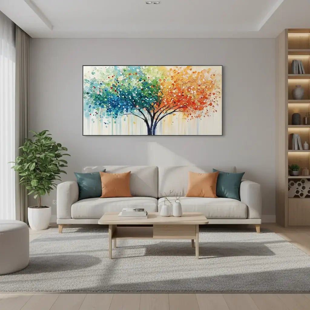 Modern living room with a colorful abstract tree painting on the wall.