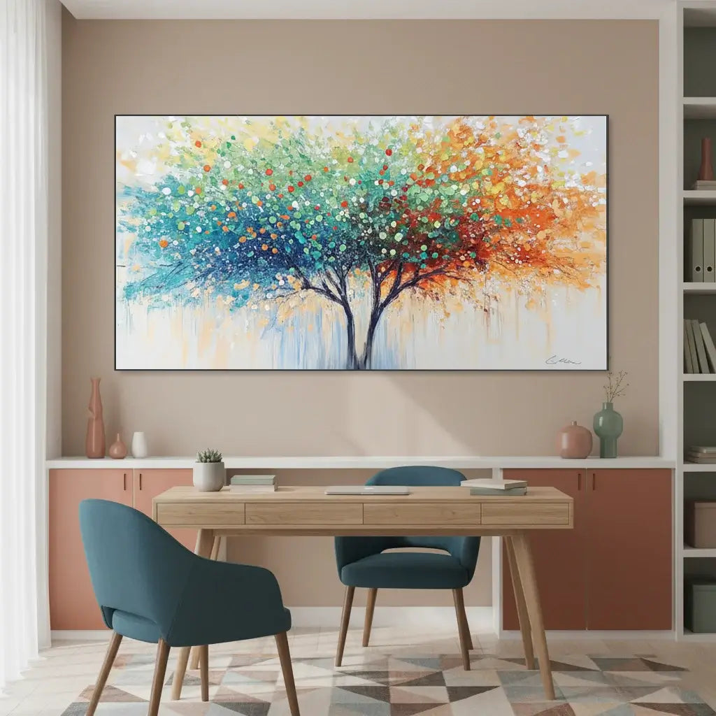 Colorful abstract tree painting on a wall above a wooden desk with chairs.