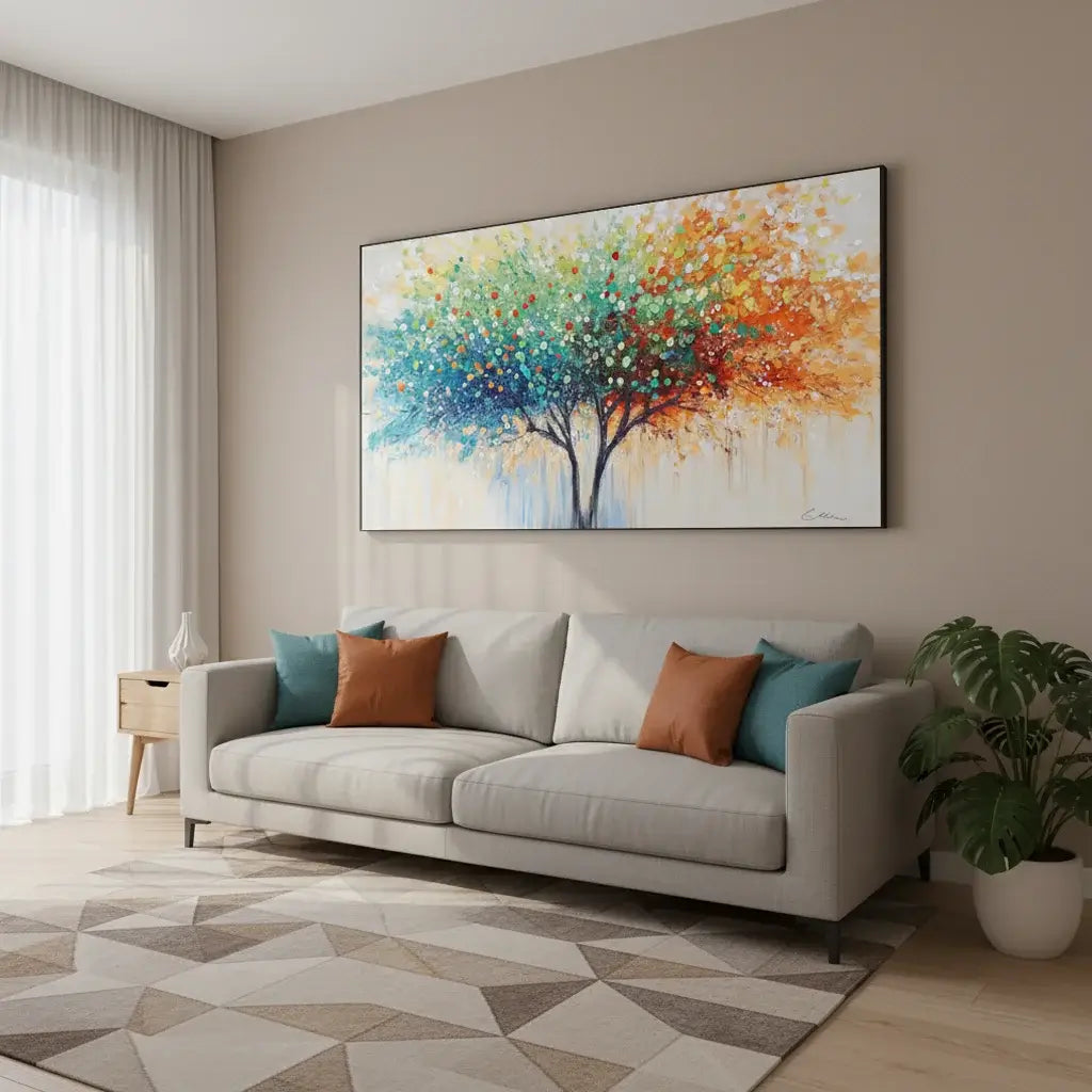 Living room with a colorful abstract painting of a tree above a gray sofa.
