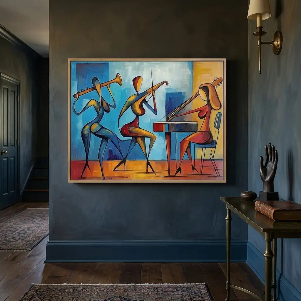 Colorful abstract painting of musicians on a wall in a room with a table and lamp.