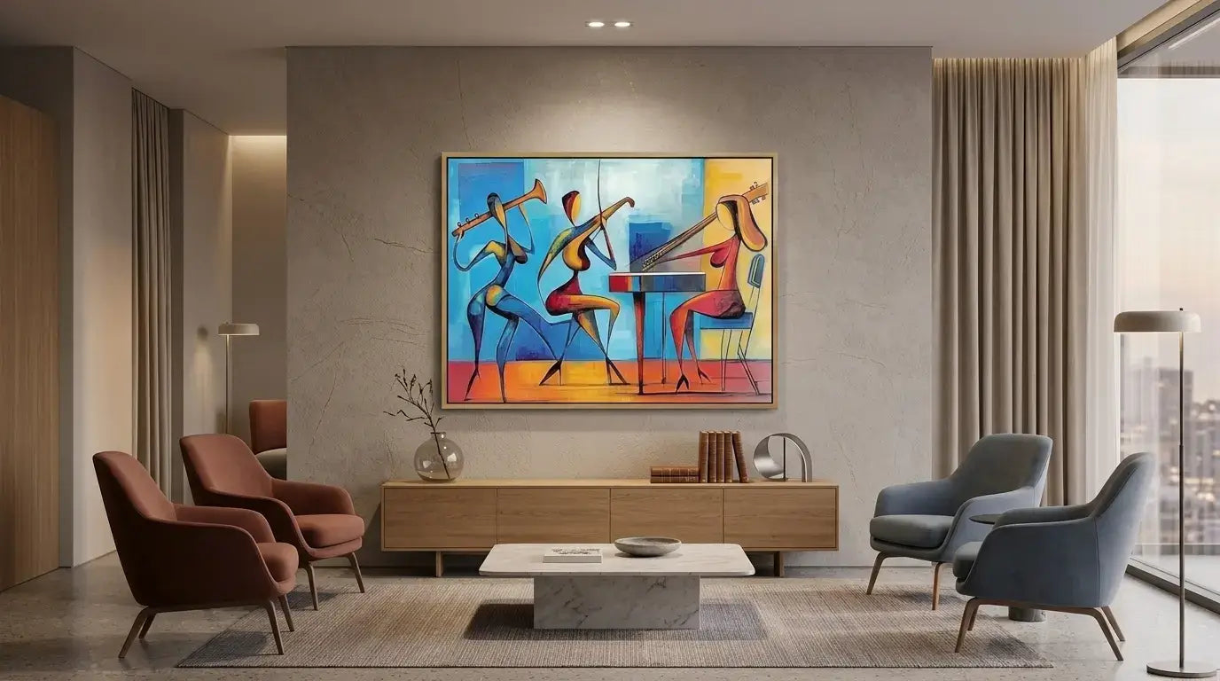 Modern living room with colorful abstract painting on the wall