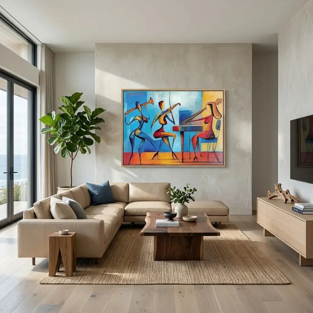Modern living room with a colorful abstract painting on the wall