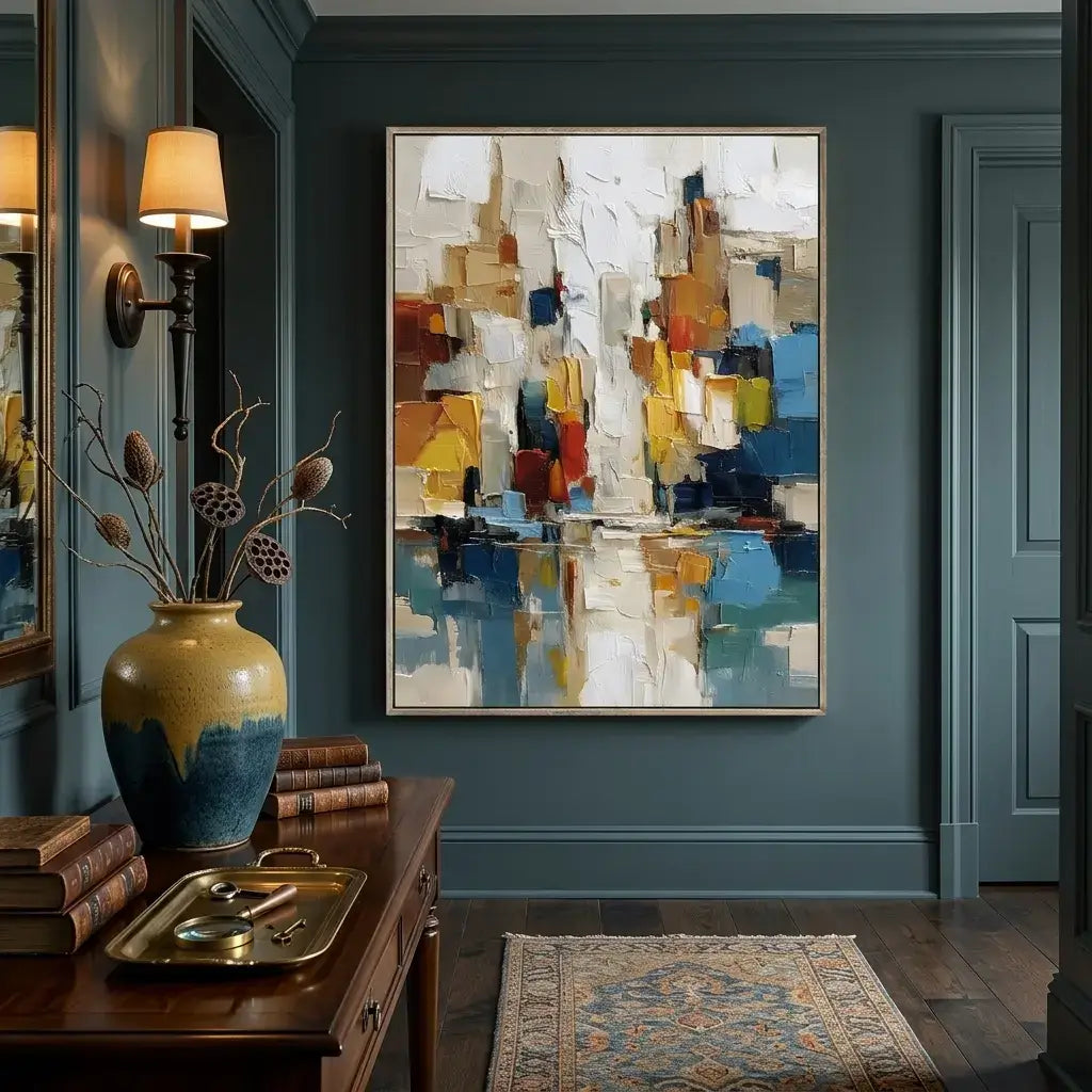 Abstract painting on a wall in a room with a wooden desk and decorative items.