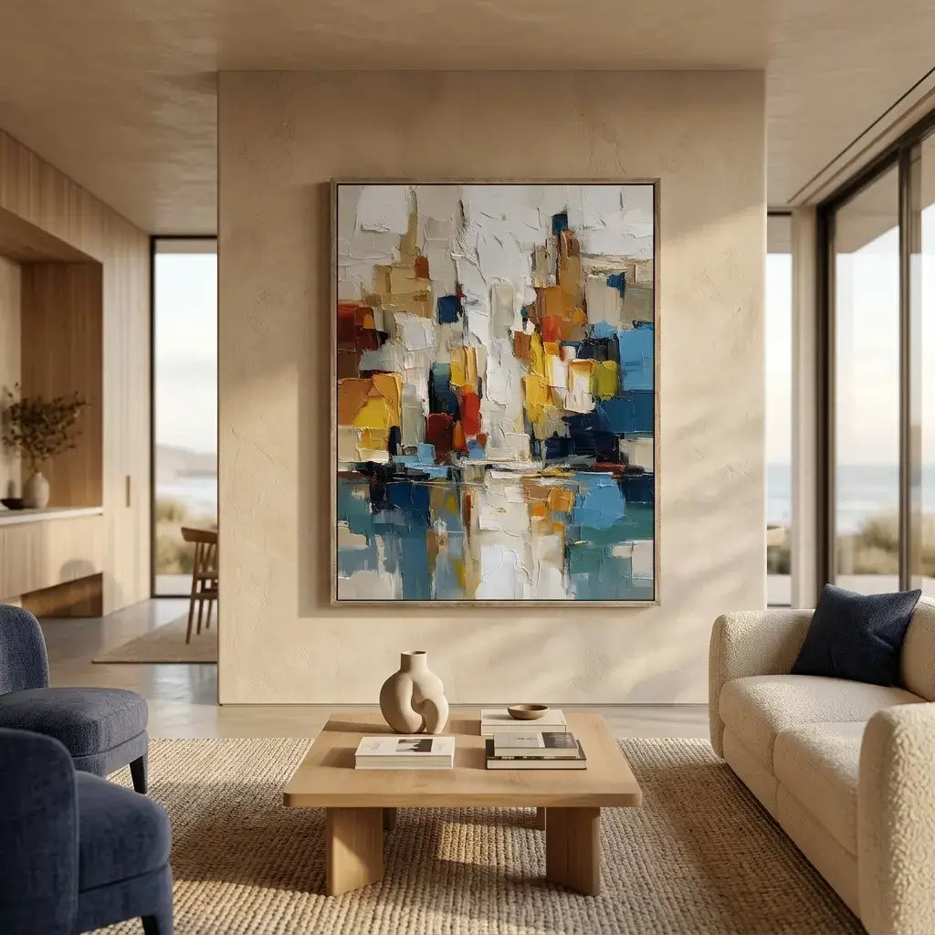 Modern living room with abstract art on the wall