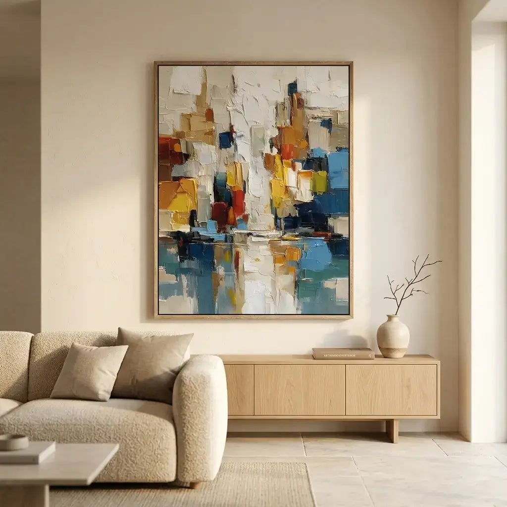 Modern living room with a colorful abstract painting on the wall above a beige sofa and wooden cabinet.