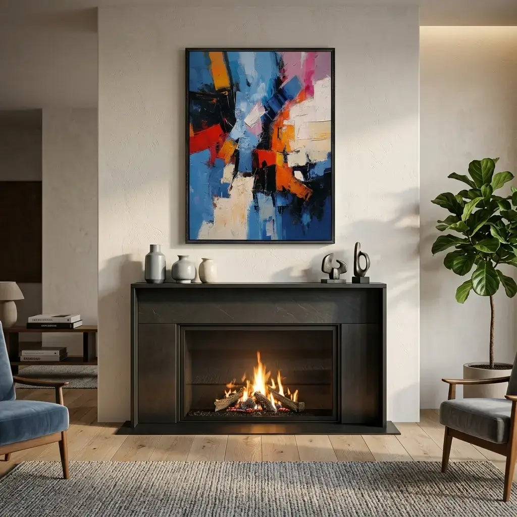 Living room with a fireplace, abstract painting, and decorative items.