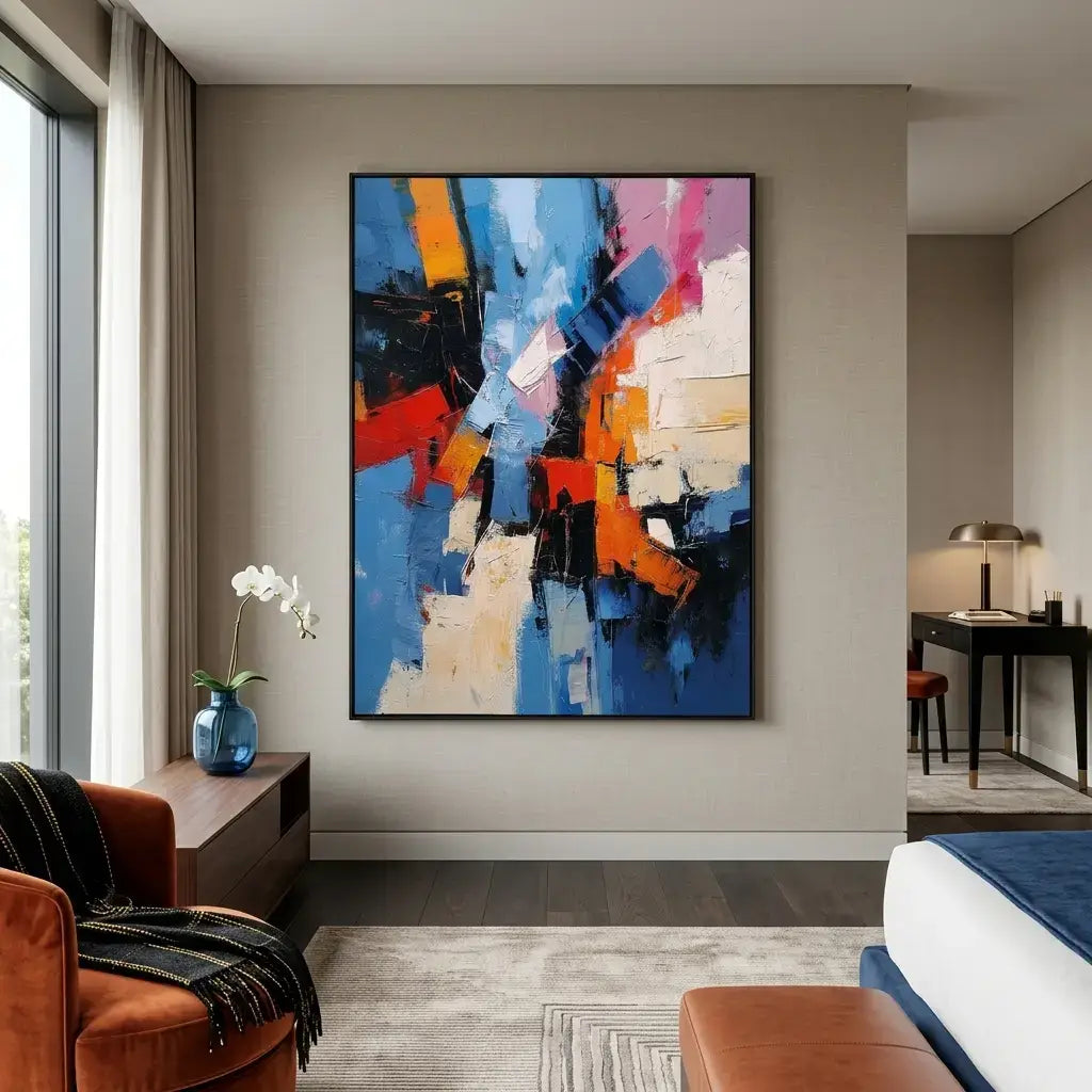 Modern living room with abstract art on the wall